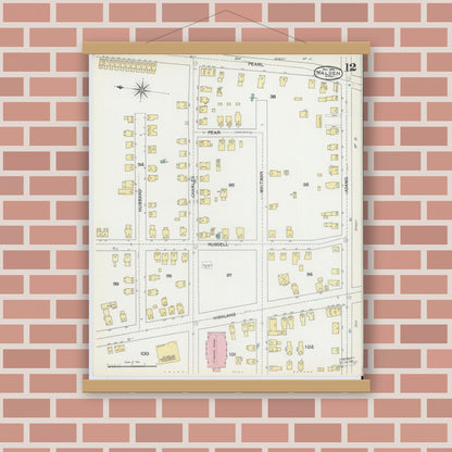Old map wall art mockup — magnetic wood frame on brick wall — Sanborn Fire Insurance Map from Malden, Middlesex County, Massachusetts (1892), Sheet #0012