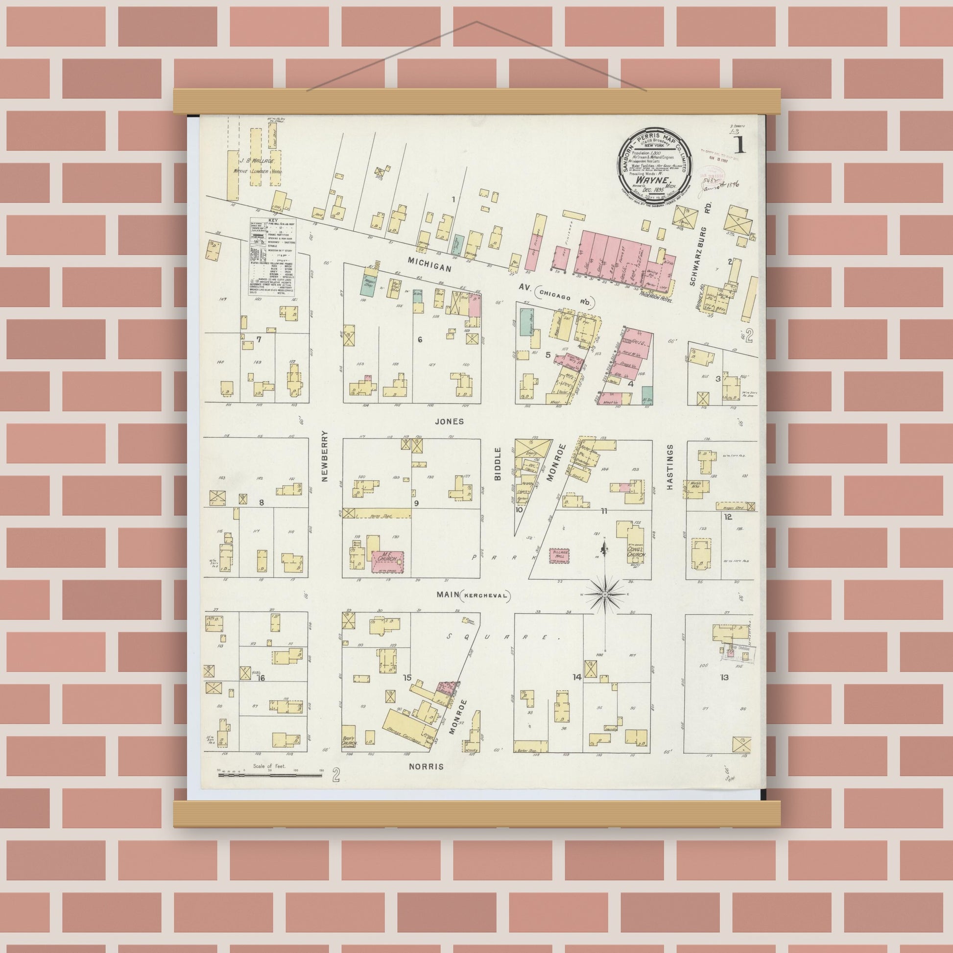Old map wall art mockup — magnetic wood frame on brick wall — Sanborn Fire Insurance Map from Wayne, Wayne County, Michigan (1895), Sheet #0001