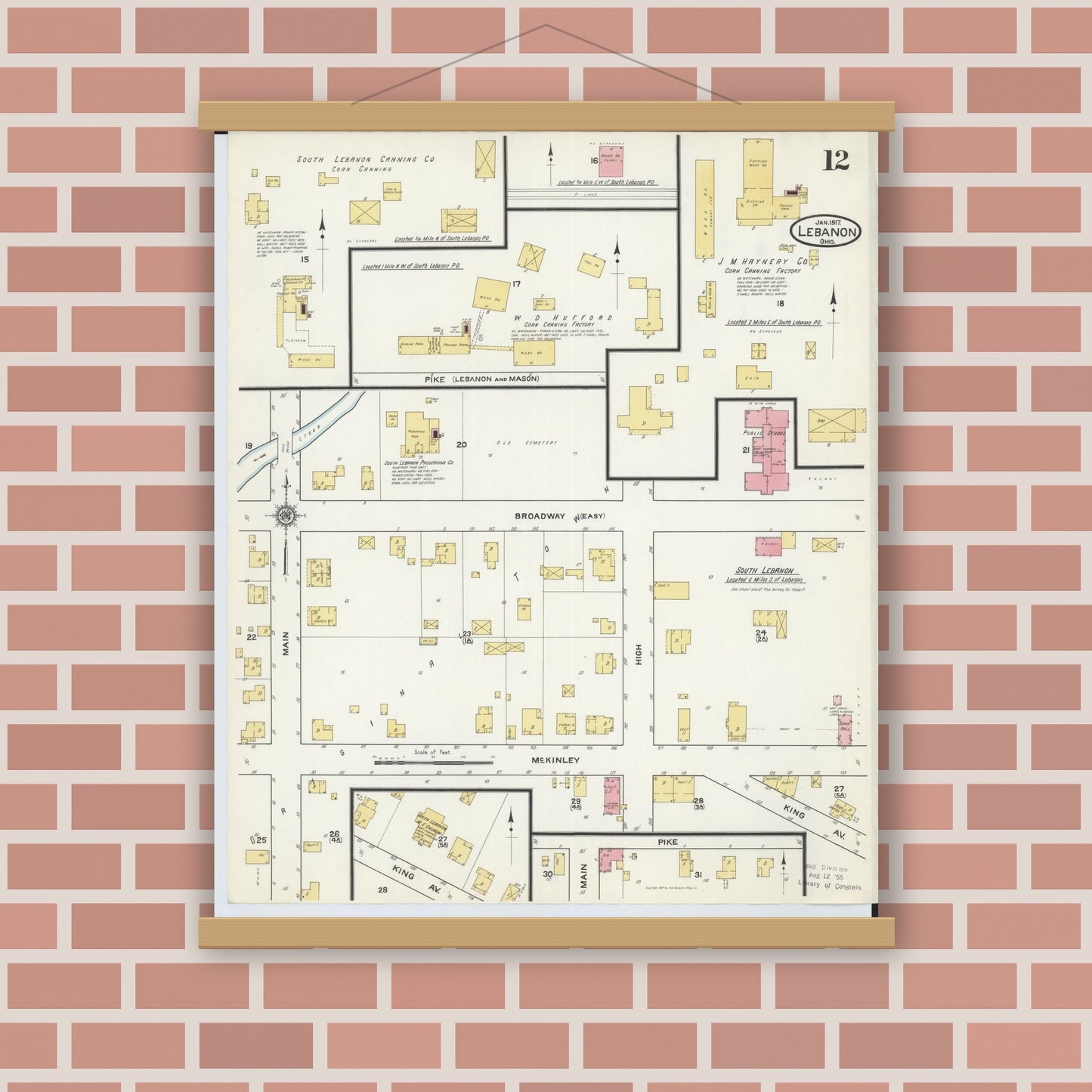 Old map wall art mockup — magnetic wood frame on brick wall — Sanborn Fire Insurance Map from Lebanon, Warren County, Ohio (1917), Sheet #0012