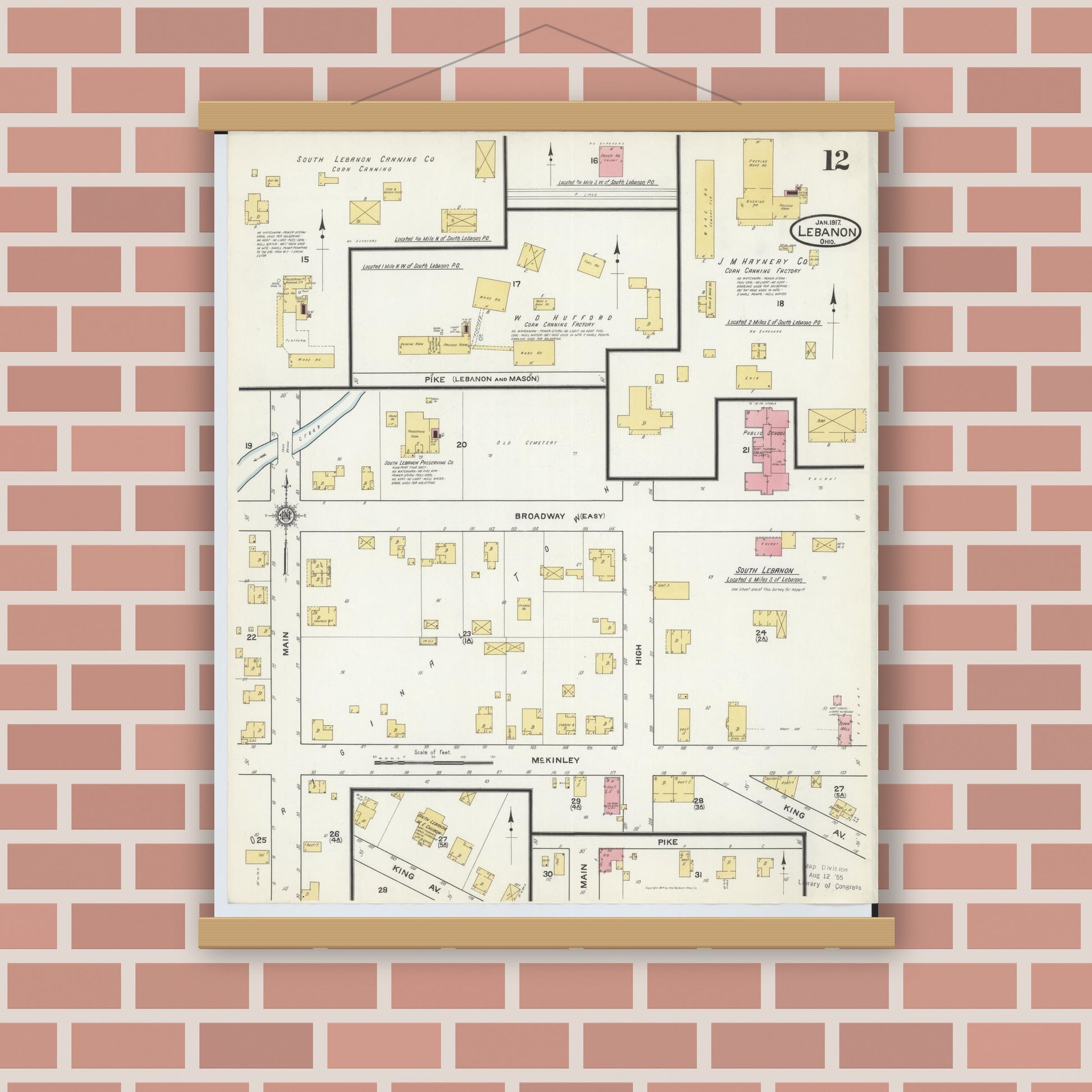Old map wall art mockup — magnetic wood frame on brick wall — Sanborn Fire Insurance Map from Lebanon, Warren County, Ohio (1917), Sheet #0012