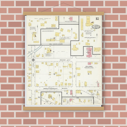Old map wall art mockup — magnetic wood frame on brick wall — Sanborn Fire Insurance Map from Lebanon, Warren County, Ohio (1917), Sheet #0012