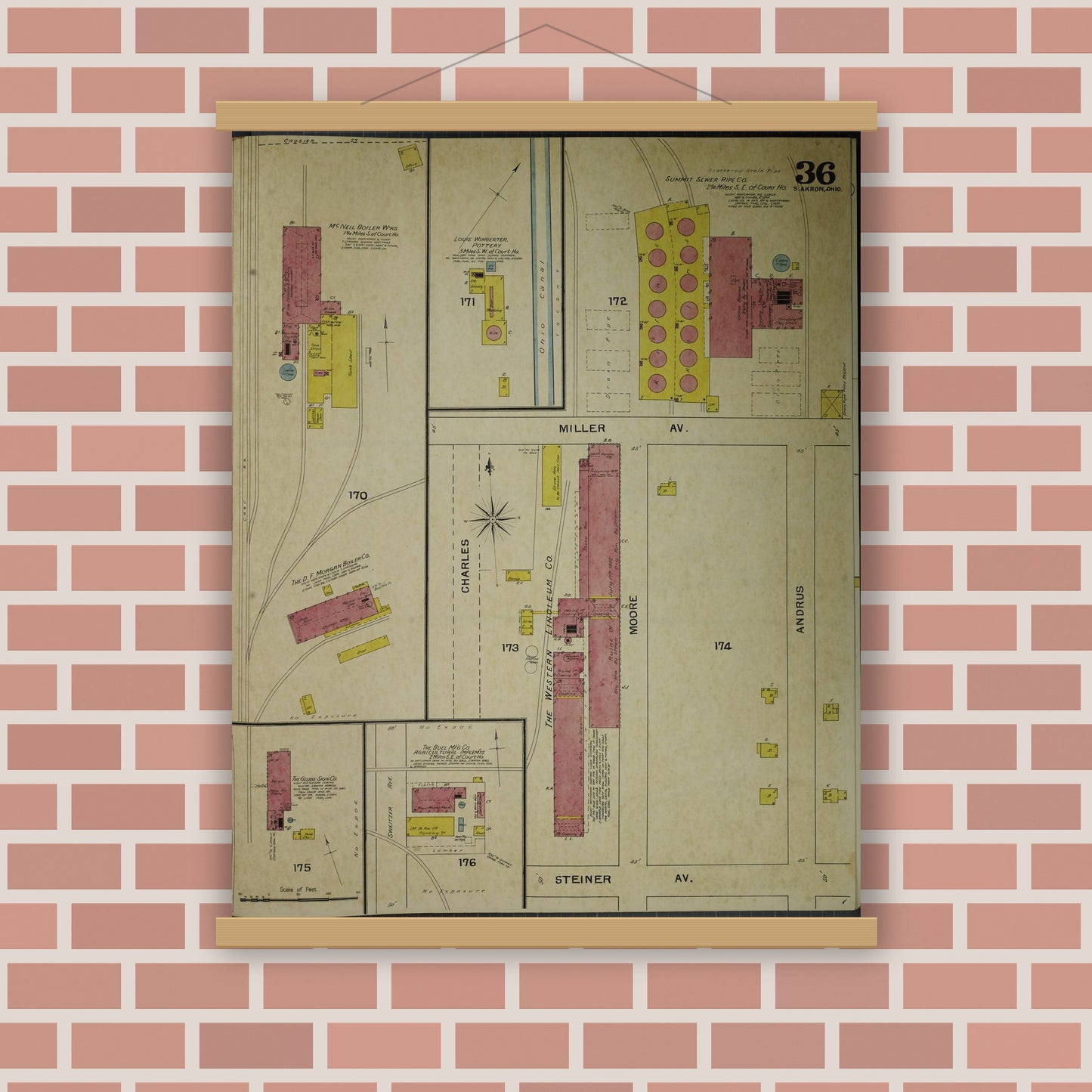 Old map wall art mockup — magnetic wood frame on brick wall — Sanborn Fire Insurance Map from Akron, Summit County, Ohio (1892), Sheet #0036