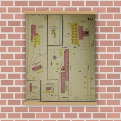 Old map wall art mockup — magnetic wood frame on brick wall — Sanborn Fire Insurance Map from Akron, Summit County, Ohio (1892), Sheet #0036