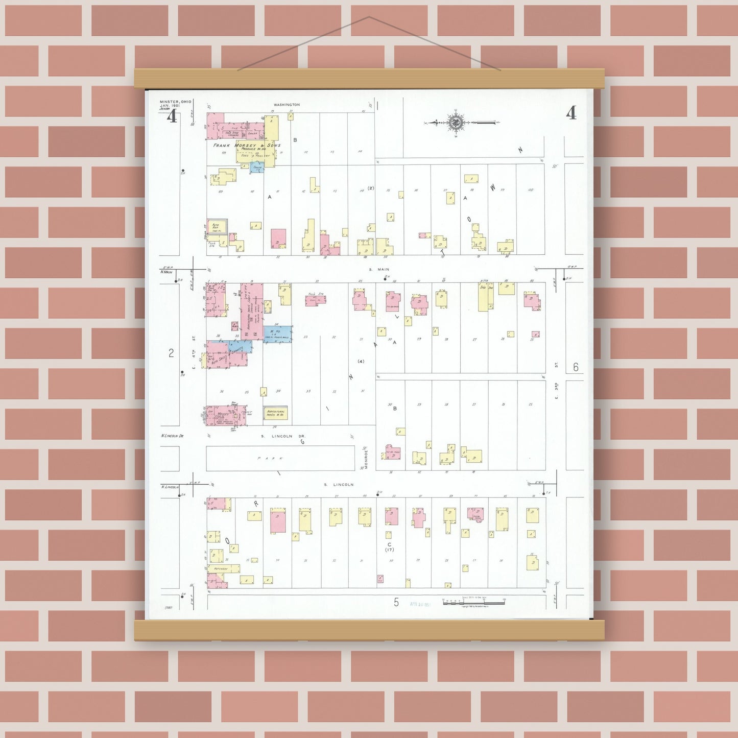 Old map wall art mockup — magnetic wood frame on brick wall — Sanborn Fire Insurance Map from Minster, Auglaize County, Ohio (1951), Sheet #0004