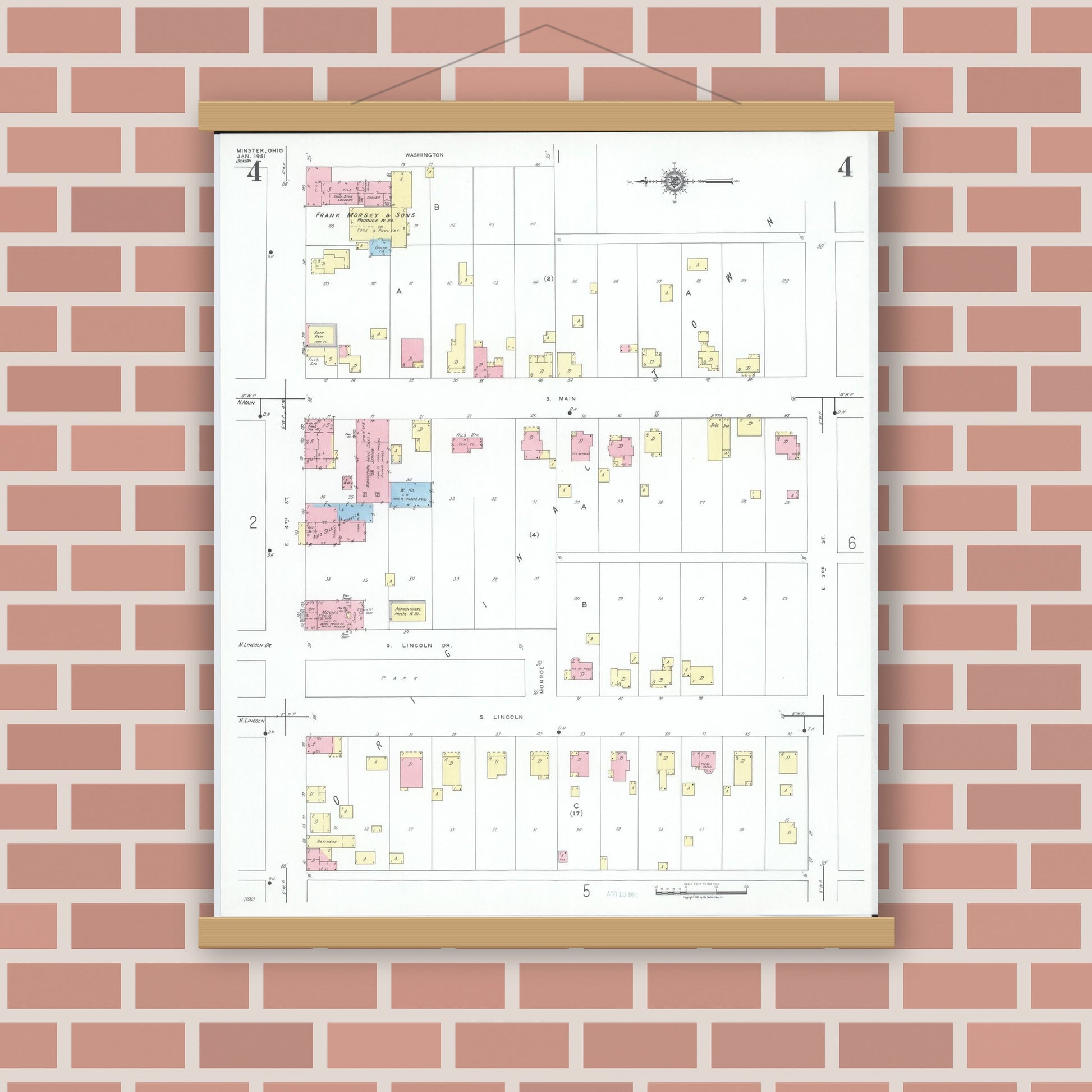 Old map wall art mockup — magnetic wood frame on brick wall — Sanborn Fire Insurance Map from Minster, Auglaize County, Ohio (1951), Sheet #0004