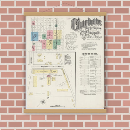Old map wall art mockup — magnetic wood frame on brick wall — Sanborn Fire Insurance Map from Charlotte, Mecklenburg County, North Carolina (1890), Sheet #0001