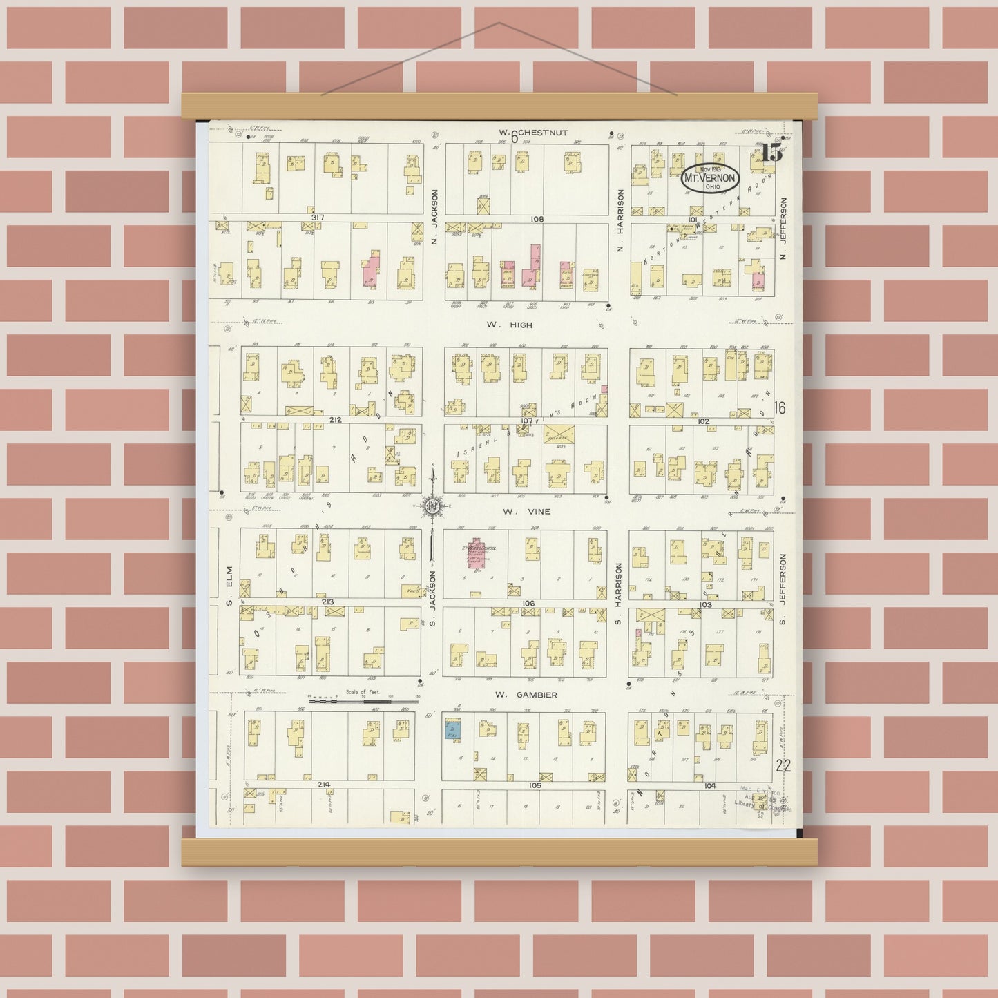 Old map wall art mockup — magnetic wood frame on brick wall — Sanborn Fire Insurance Map from Mount Vernon, Knox County, Ohio (1913), Sheet #0015