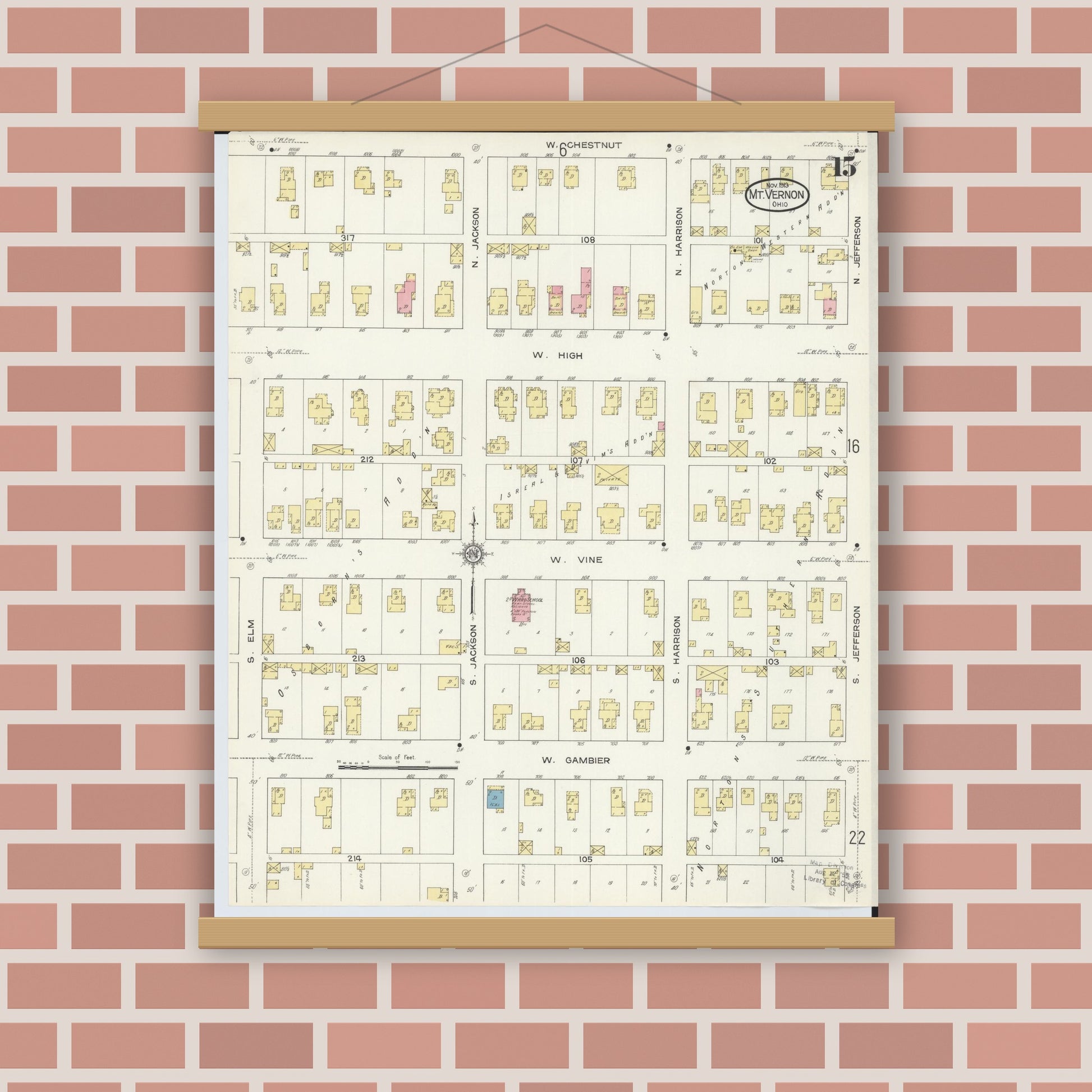 Old map wall art mockup — magnetic wood frame on brick wall — Sanborn Fire Insurance Map from Mount Vernon, Knox County, Ohio (1913), Sheet #0015