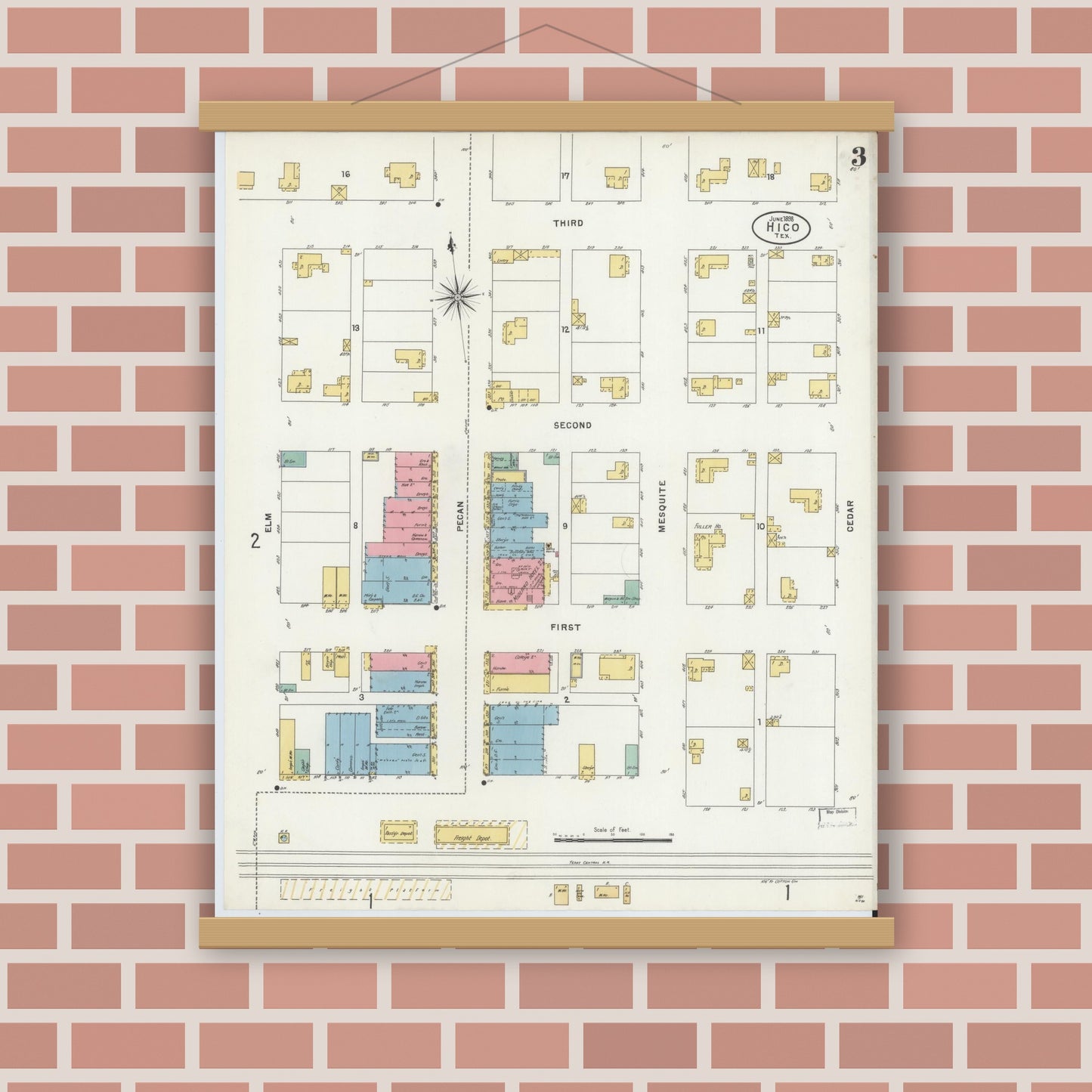 Old map wall art mockup — magnetic wood frame on brick wall — Sanborn Fire Insurance Map from Hico, Hamilton County, Texas (1898), Sheet #0003