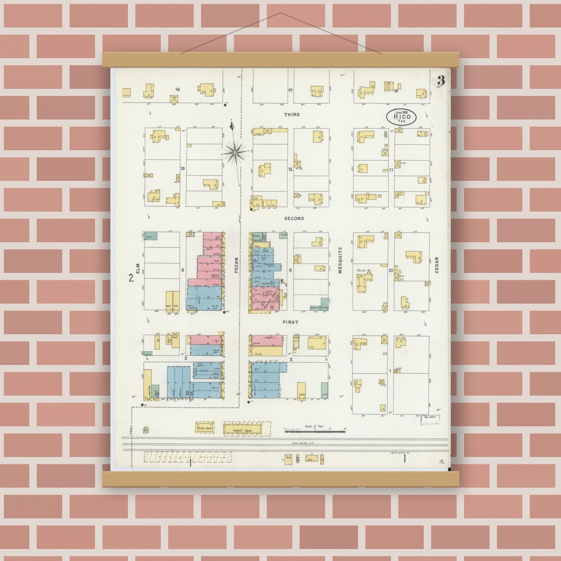 Old map wall art mockup — magnetic wood frame on brick wall — Sanborn Fire Insurance Map from Hico, Hamilton County, Texas (1898), Sheet #0003