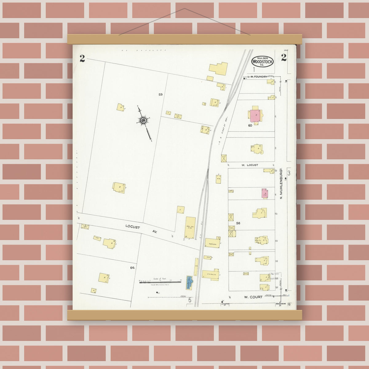 Old map wall art mockup — magnetic wood frame on brick wall — Sanborn Fire Insurance Map from Woodstock, Shenandoah County, Virginia (1924), Sheet #0002