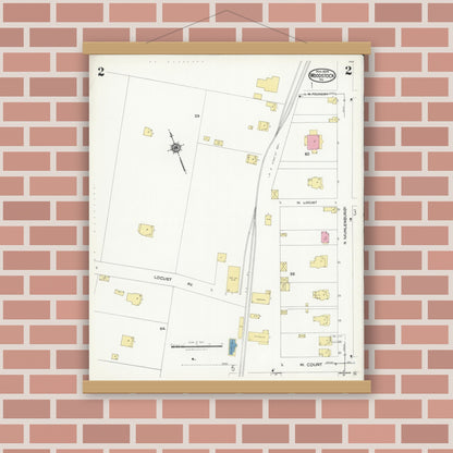 Old map wall art mockup — magnetic wood frame on brick wall — Sanborn Fire Insurance Map from Woodstock, Shenandoah County, Virginia (1924), Sheet #0002