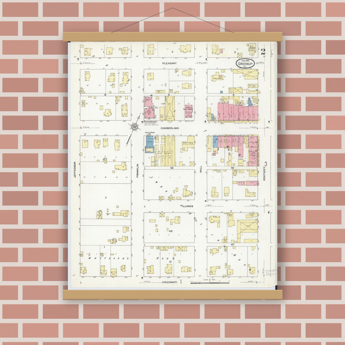 Old map wall art mockup — magnetic wood frame on brick wall — Sanborn Fire Insurance Map from Greenup, Cumberland County, Illinois (1912), Sheet #0002