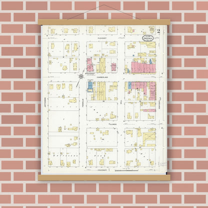 Old map wall art mockup — magnetic wood frame on brick wall — Sanborn Fire Insurance Map from Greenup, Cumberland County, Illinois (1912), Sheet #0002