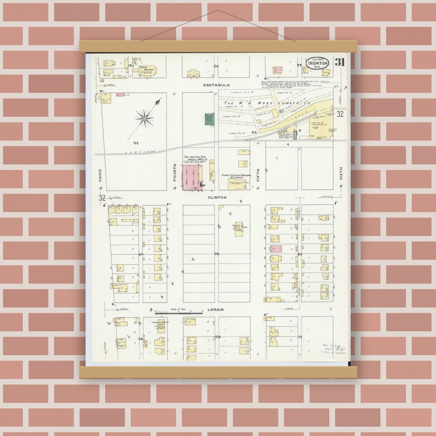 Old map wall art mockup — magnetic wood frame on brick wall — Sanborn Fire Insurance Map from Ironton, Lawrence County, Ohio (1909), Sheet #0031
