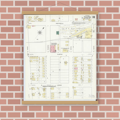 Old map wall art mockup — magnetic wood frame on brick wall — Sanborn Fire Insurance Map from Ironton, Lawrence County, Ohio (1909), Sheet #0031