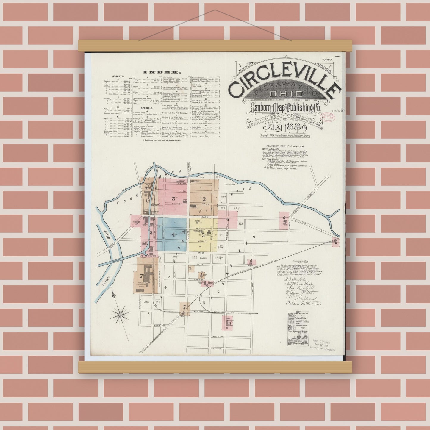 Old map wall art mockup — magnetic wood frame on brick wall — Sanborn Fire Insurance Map from Circleville, Pickaway County, Ohio (1889) - Complete Map Set