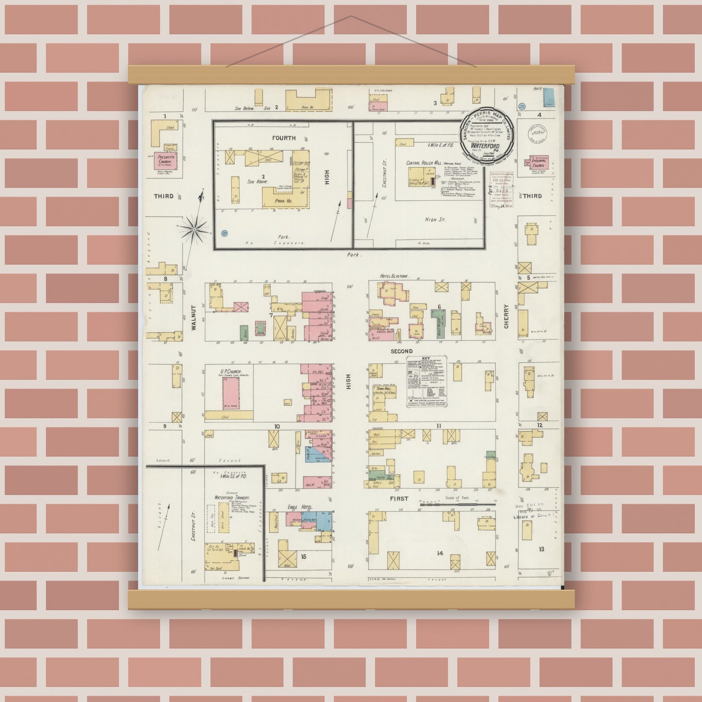 Old map wall art mockup — magnetic wood frame on brick wall — Sanborn Fire Insurance Map from Waterford, Erie County, Pennsylvania (1900), Sheet #0001