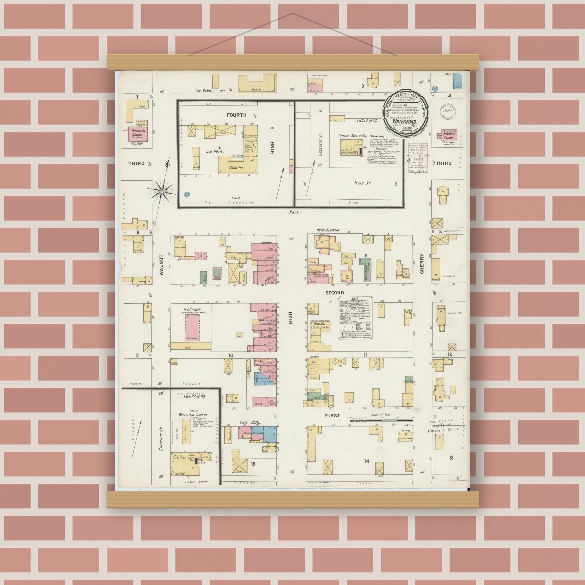 Old map wall art mockup — magnetic wood frame on brick wall — Sanborn Fire Insurance Map from Waterford, Erie County, Pennsylvania (1900), Sheet #0001