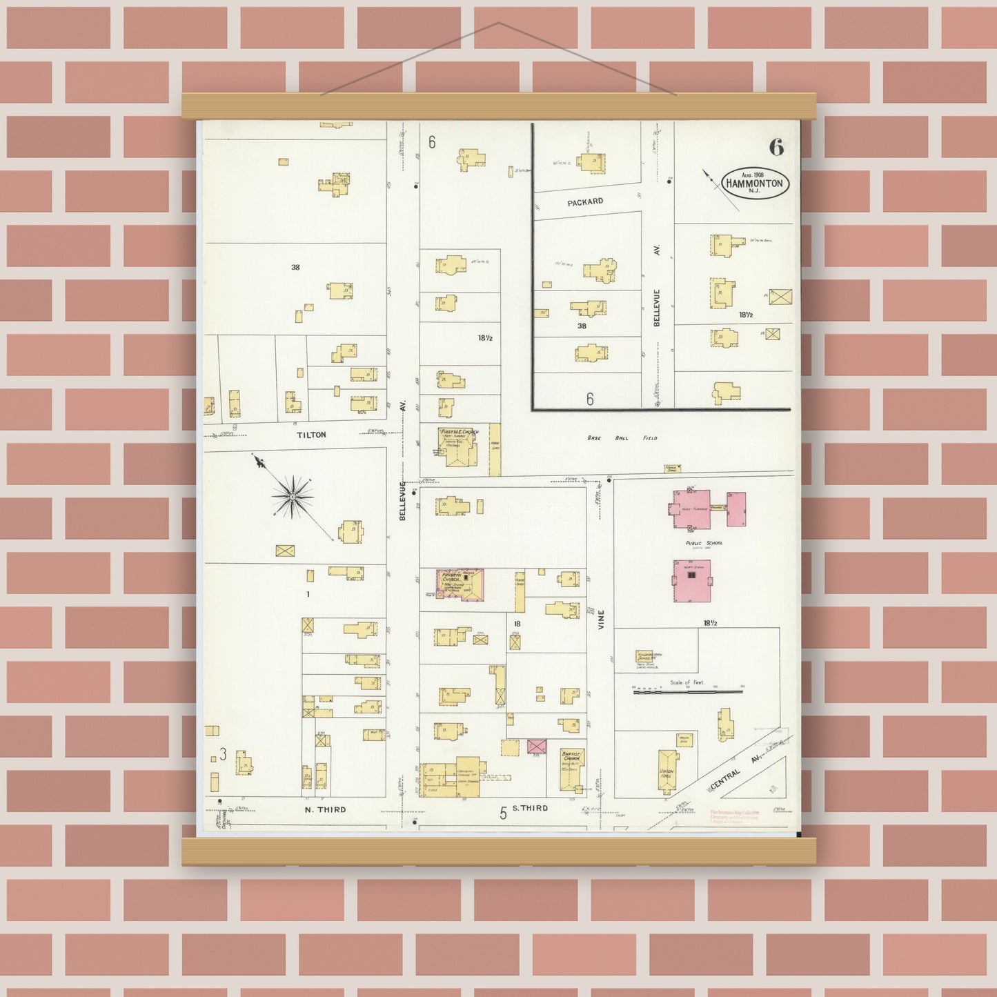 Old map wall art mockup — magnetic wood frame on brick wall — Sanborn Fire Insurance Map from Hammonton, Atlantic County, New Jersey (1908), Sheet #0006