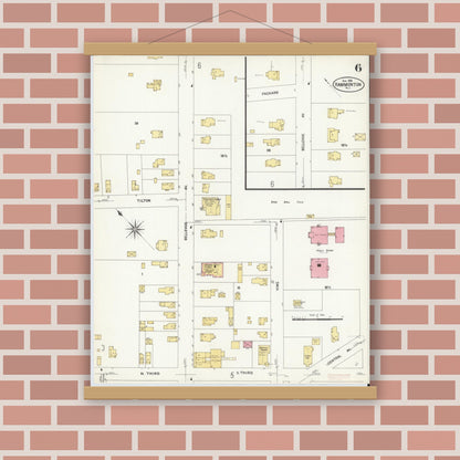 Old map wall art mockup — magnetic wood frame on brick wall — Sanborn Fire Insurance Map from Hammonton, Atlantic County, New Jersey (1908), Sheet #0006