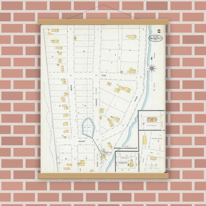 Old map wall art mockup — magnetic wood frame on brick wall — Sanborn Fire Insurance Map from Taylors Falls, Chisago County, Minnesota (1904), Sheet #0002