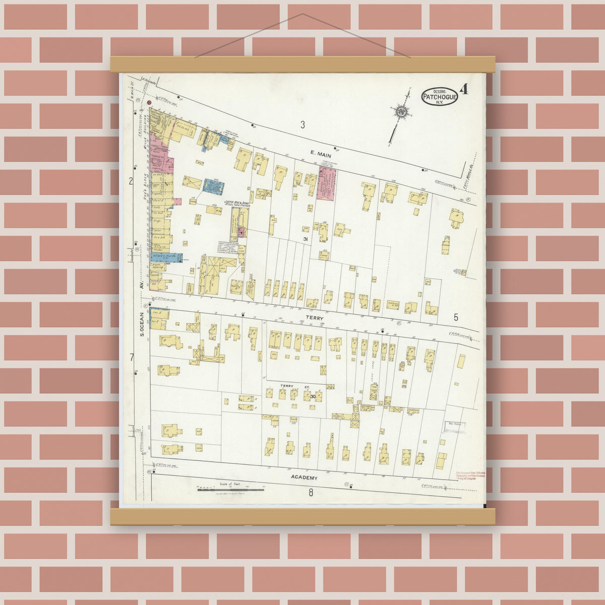 Old map wall art mockup — magnetic wood frame on brick wall — Sanborn Fire Insurance Map from Patchogue, Suffolk County, New York (1916), Sheet #0004