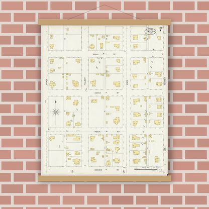 Old map wall art mockup — magnetic wood frame on brick wall — Sanborn Fire Insurance Map from Taylor, Williamson County, Texas (1898), Sheet #0007