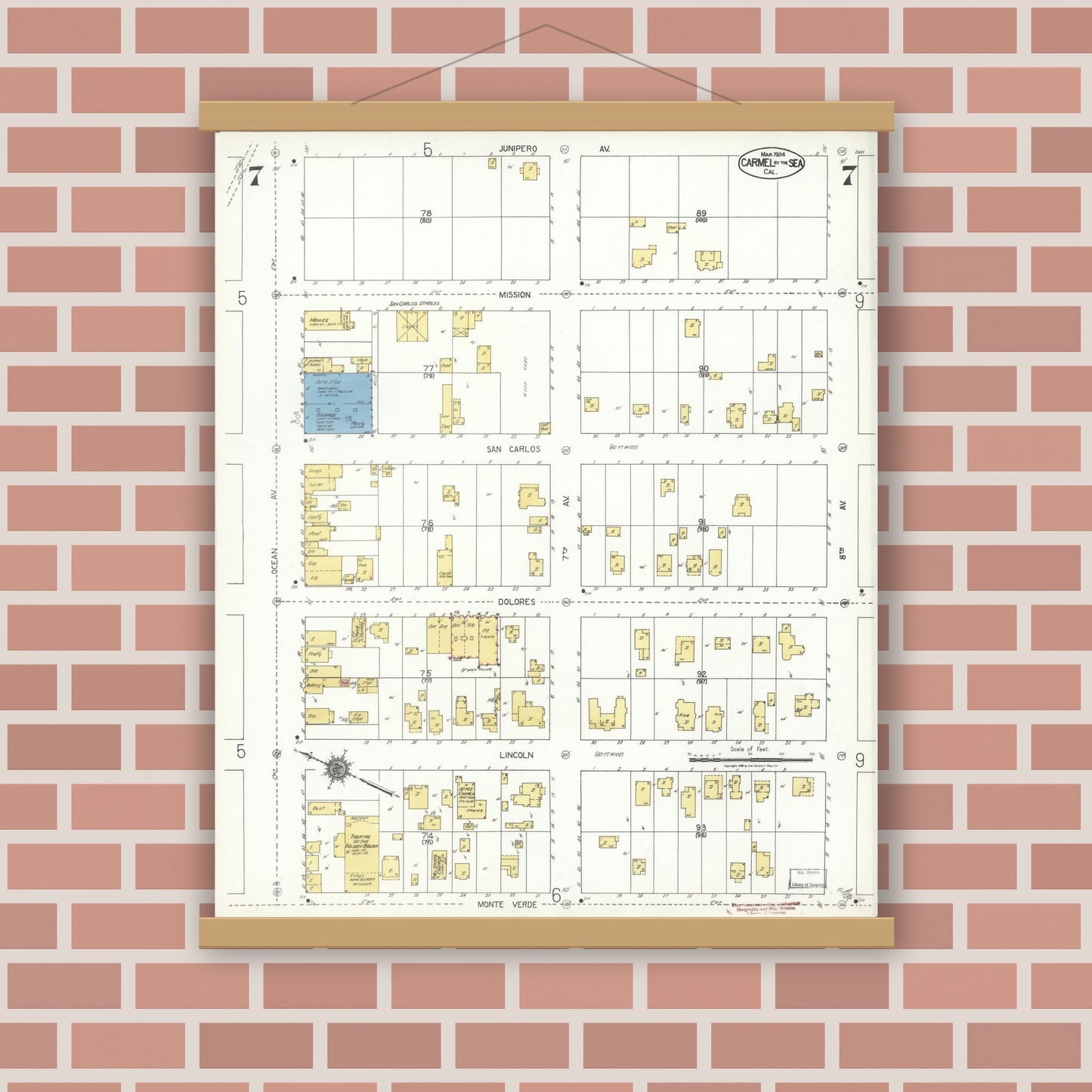 Old map wall art mockup — magnetic wood frame on brick wall — Sanborn Fire Insurance Map from Carmel By The Sea, Monterey County, California (1924), Sheet #0007