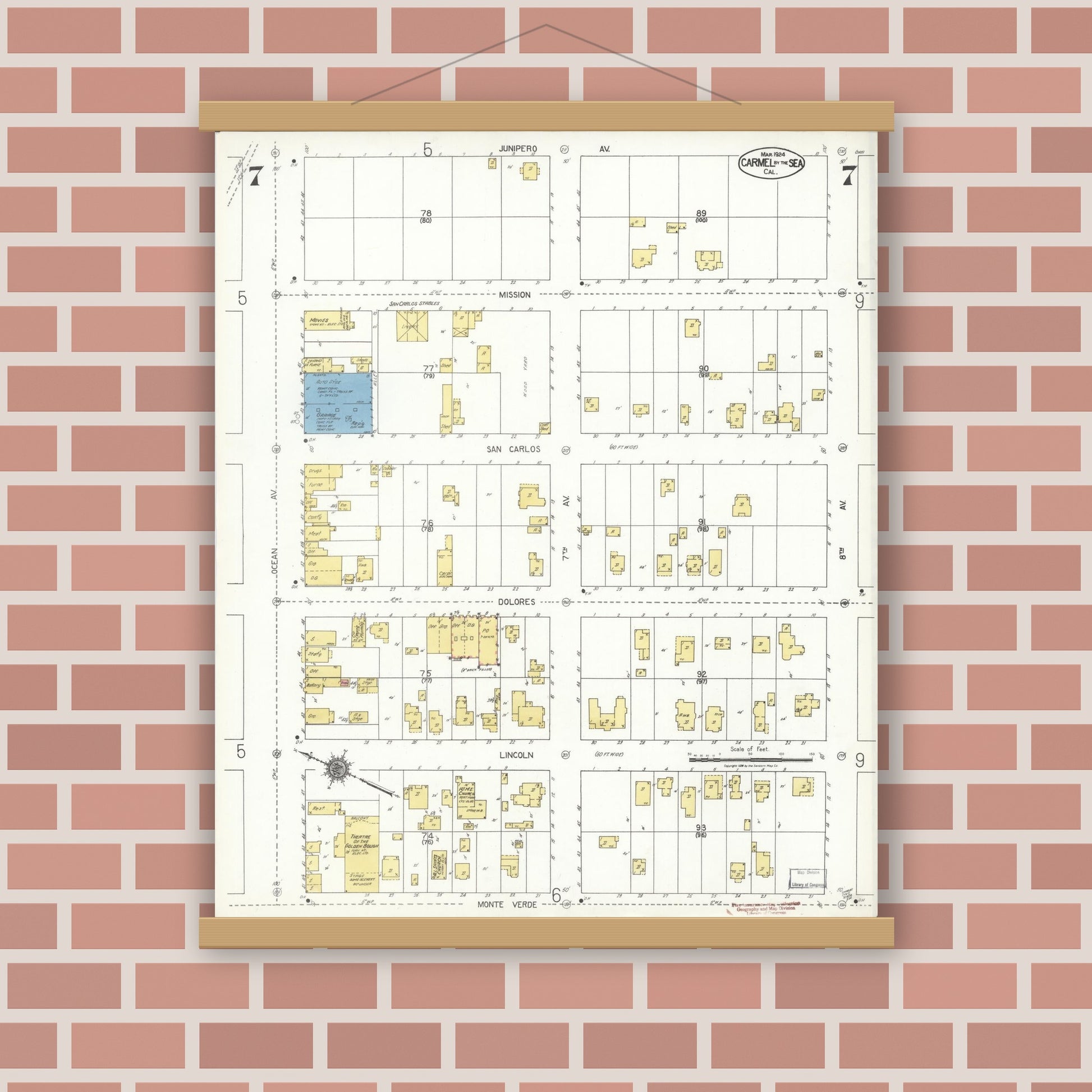 Old map wall art mockup — magnetic wood frame on brick wall — Sanborn Fire Insurance Map from Carmel By The Sea, Monterey County, California (1924), Sheet #0007