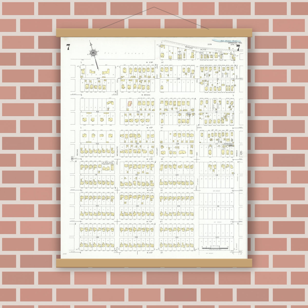 Old map wall art mockup — magnetic wood frame on brick wall — Sanborn Fire Insurance Map from Freeport, Brazoria County, Texas (1943), Sheet #0007