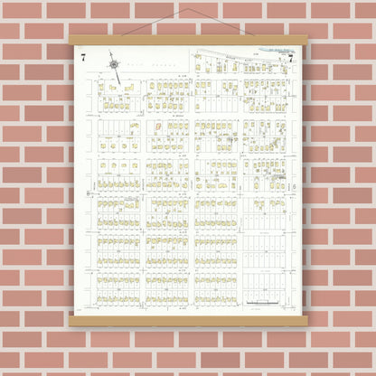 Old map wall art mockup — magnetic wood frame on brick wall — Sanborn Fire Insurance Map from Freeport, Brazoria County, Texas (1943), Sheet #0007