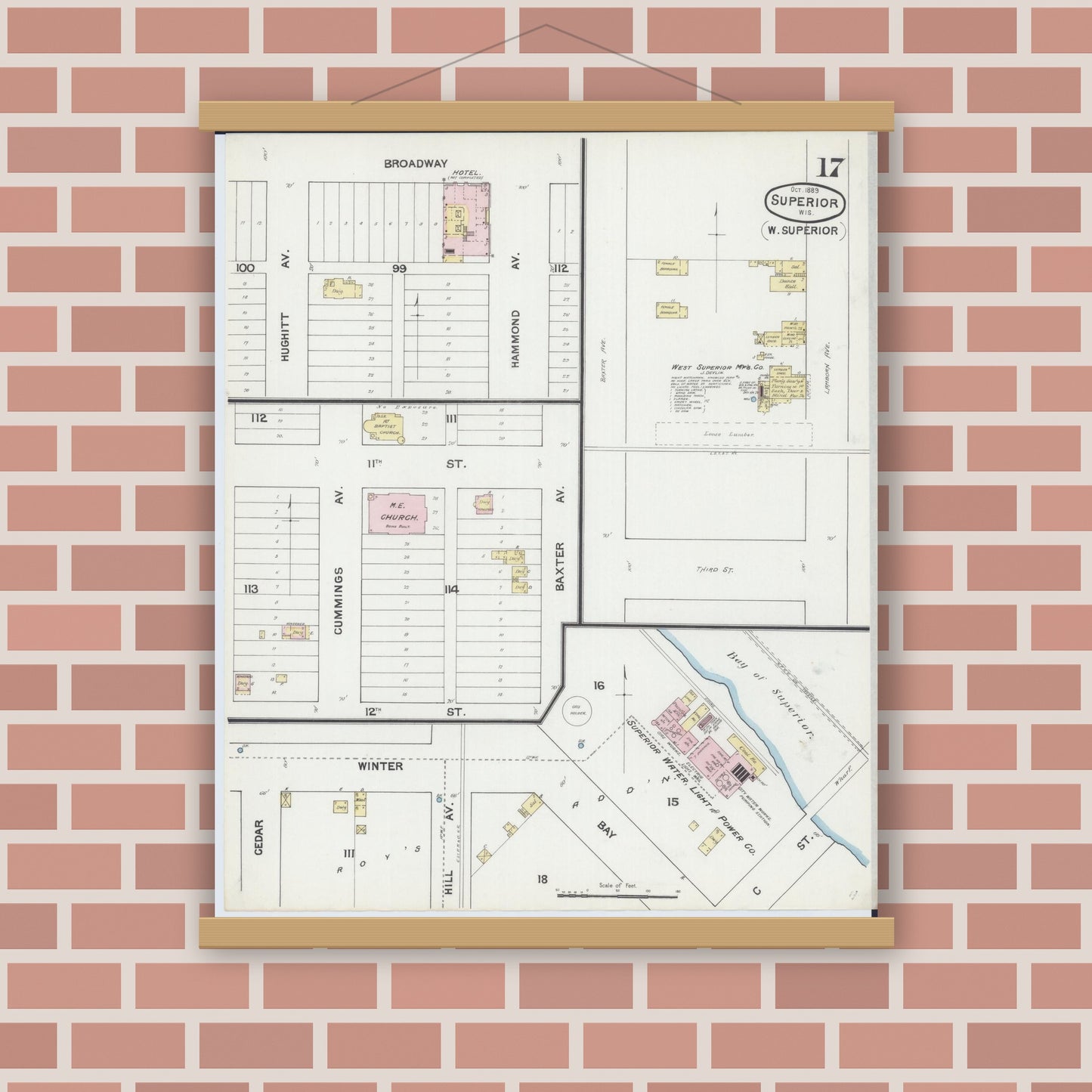 Old map wall art mockup — magnetic wood frame on brick wall — Sanborn Fire Insurance Map from Superior, Douglas County, Wisconsin (1889), Sheet #0017