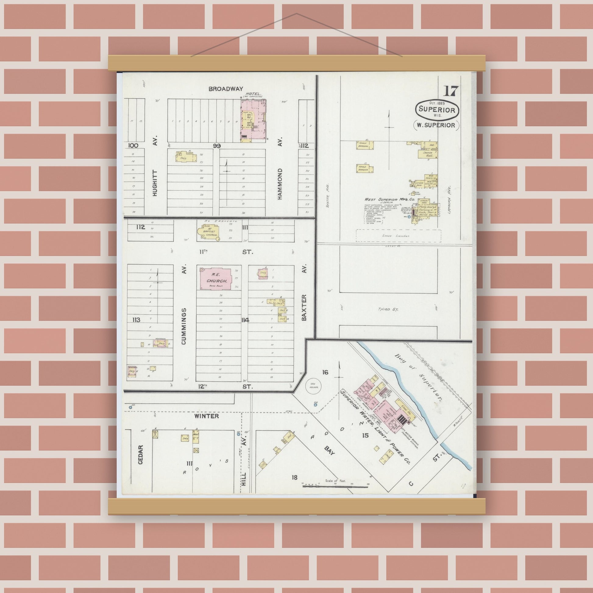 Old map wall art mockup — magnetic wood frame on brick wall — Sanborn Fire Insurance Map from Superior, Douglas County, Wisconsin (1889), Sheet #0017