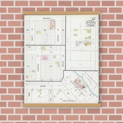 Old map wall art mockup — magnetic wood frame on brick wall — Sanborn Fire Insurance Map from Superior, Douglas County, Wisconsin (1889), Sheet #0017