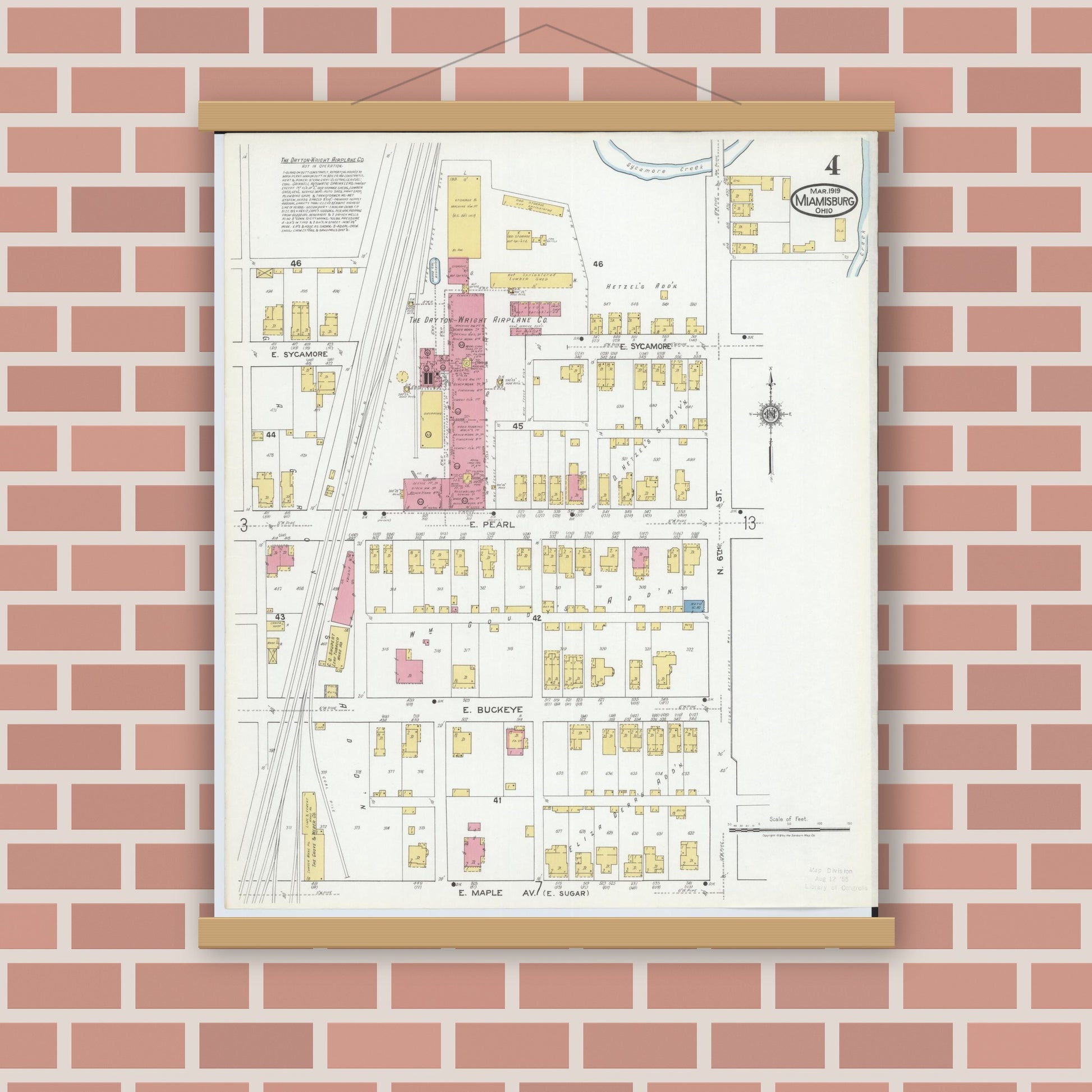 Old map wall art mockup — magnetic wood frame on brick wall — Sanborn Fire Insurance Map from Miamisburg, Montgomery County, Ohio (1919), Sheet #0004