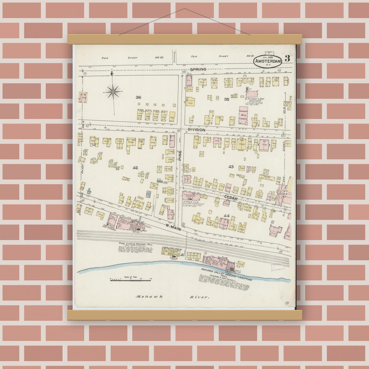 Old map wall art mockup — magnetic wood frame on brick wall — Sanborn Fire Insurance Map from Amsterdam, Montgomery County, New York (1888), Sheet #0003