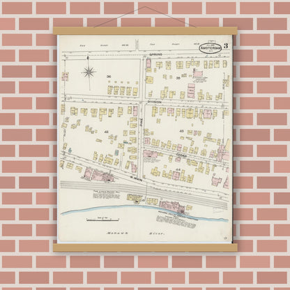 Old map wall art mockup — magnetic wood frame on brick wall — Sanborn Fire Insurance Map from Amsterdam, Montgomery County, New York (1888), Sheet #0003