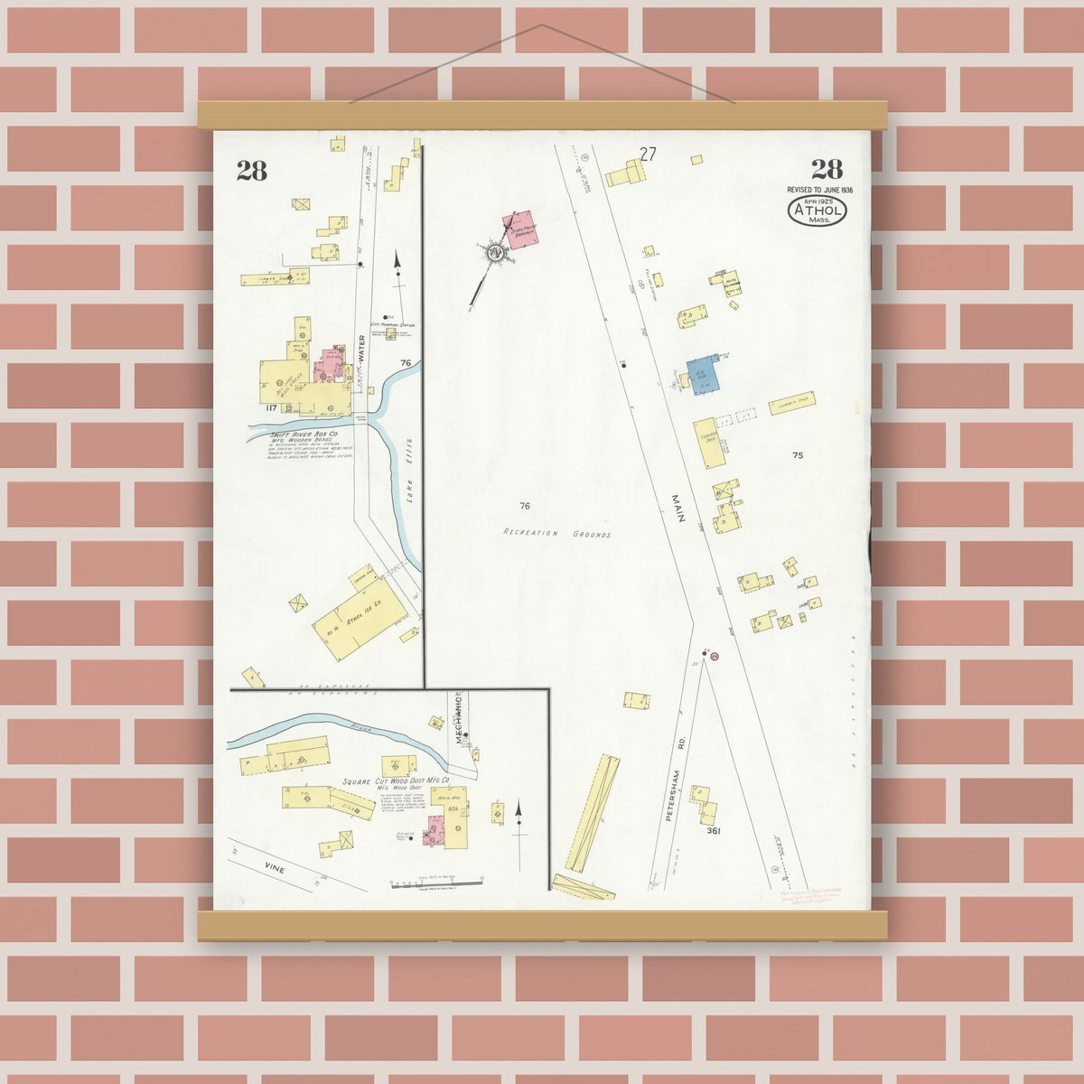 Old map wall art mockup — magnetic wood frame on brick wall — Sanborn Fire Insurance Map from Athol, Worcester County, Massachusetts (1936), Sheet #0028
