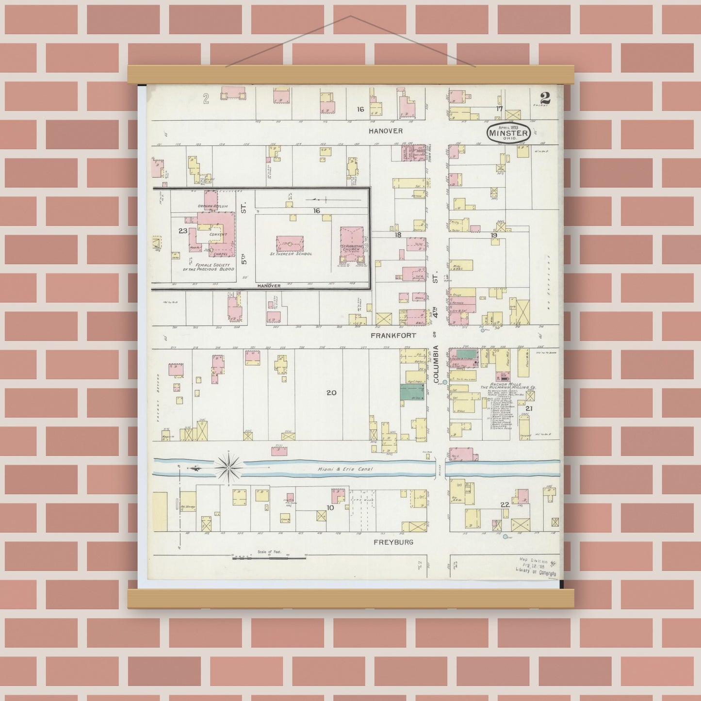 Old map wall art mockup — magnetic wood frame on brick wall — Sanborn Fire Insurance Map from Minster, Auglaize County, Ohio (1893), Sheet #0002