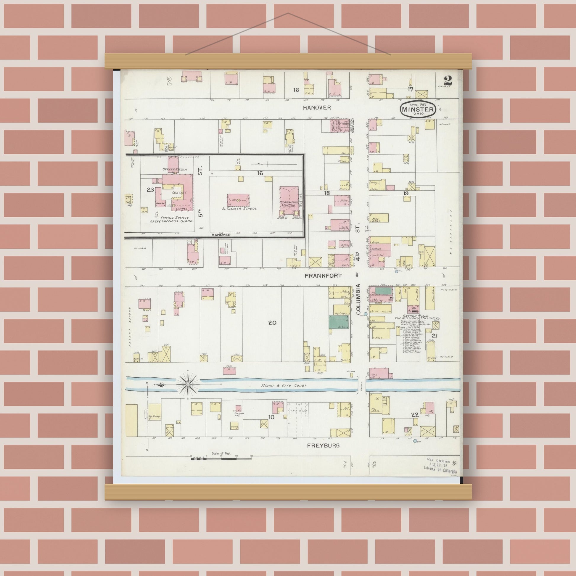 Old map wall art mockup — magnetic wood frame on brick wall — Sanborn Fire Insurance Map from Minster, Auglaize County, Ohio (1893), Sheet #0002