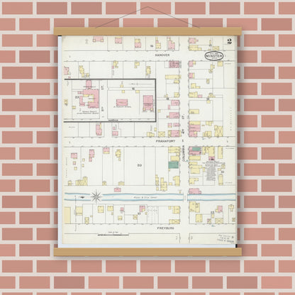 Old map wall art mockup — magnetic wood frame on brick wall — Sanborn Fire Insurance Map from Minster, Auglaize County, Ohio (1893), Sheet #0002