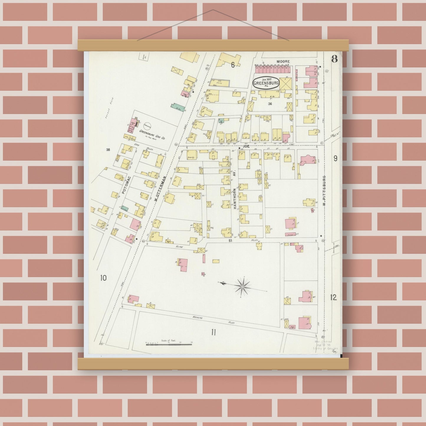 Old map wall art mockup — magnetic wood frame on brick wall — Sanborn Fire Insurance Map from Greensburg, Westmoreland County, Pennsylvania (1897), Sheet #0008