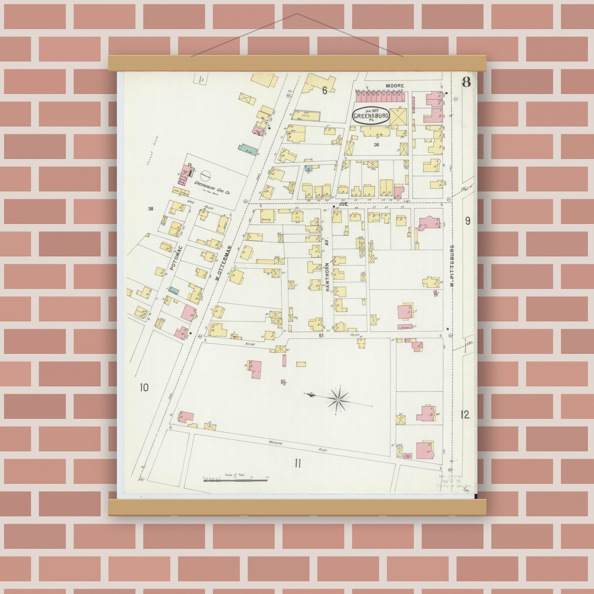 Old map wall art mockup — magnetic wood frame on brick wall — Sanborn Fire Insurance Map from Greensburg, Westmoreland County, Pennsylvania (1897), Sheet #0008