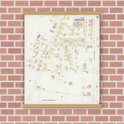 Old map wall art mockup — magnetic wood frame on brick wall — Sanborn Fire Insurance Map from Greensburg, Westmoreland County, Pennsylvania (1897), Sheet #0008