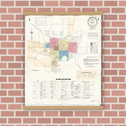 Old map wall art mockup — magnetic wood frame on brick wall — Sanborn Fire Insurance Map from Albia, Monroe County, Iowa (1947) â€” Complete Set