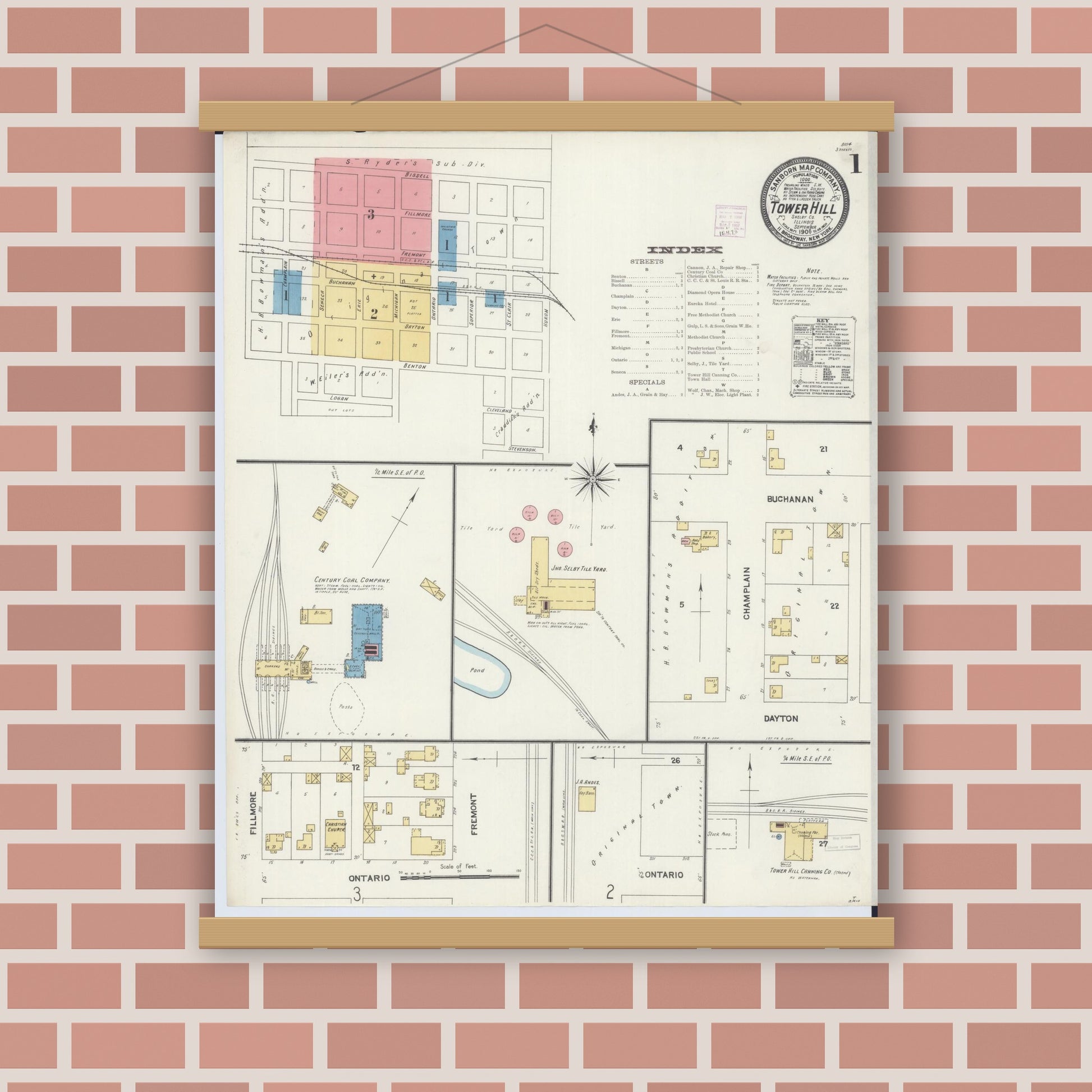 Old map wall art mockup — magnetic wood frame on brick wall — Sanborn Fire Insurance Map from Tower Hill, Shelby County, Illinois (1906) - Complete Map Set