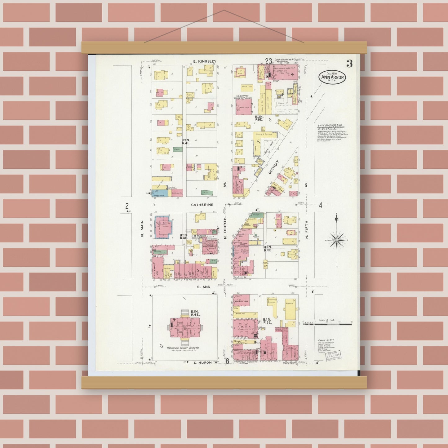 Old map wall art mockup — magnetic wood frame on brick wall — Sanborn Fire Insurance Map from Ann Arbor, Washtenaw County, Michigan (1908), Sheet #0003