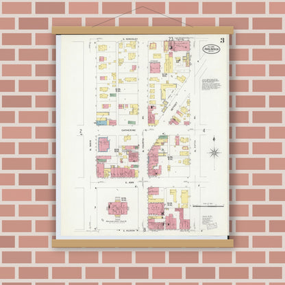 Old map wall art mockup — magnetic wood frame on brick wall — Sanborn Fire Insurance Map from Ann Arbor, Washtenaw County, Michigan (1908), Sheet #0003