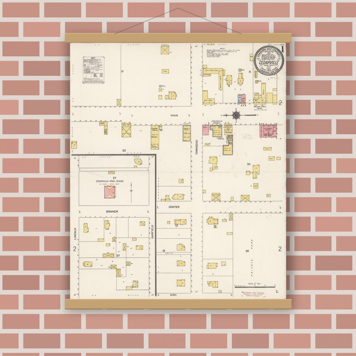Old map wall art mockup — magnetic wood frame on brick wall — Sanborn Fire Insurance Map from Cedarville, Modoc County, California (1912) - Complete Map Set